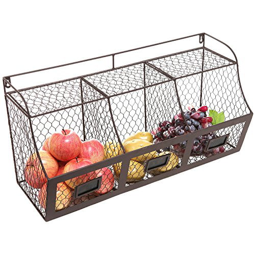 Country Rustic Large Wall Mounted Metal Wire Mesh 3 Compartment 3 Hook Organizer Storage Rack 